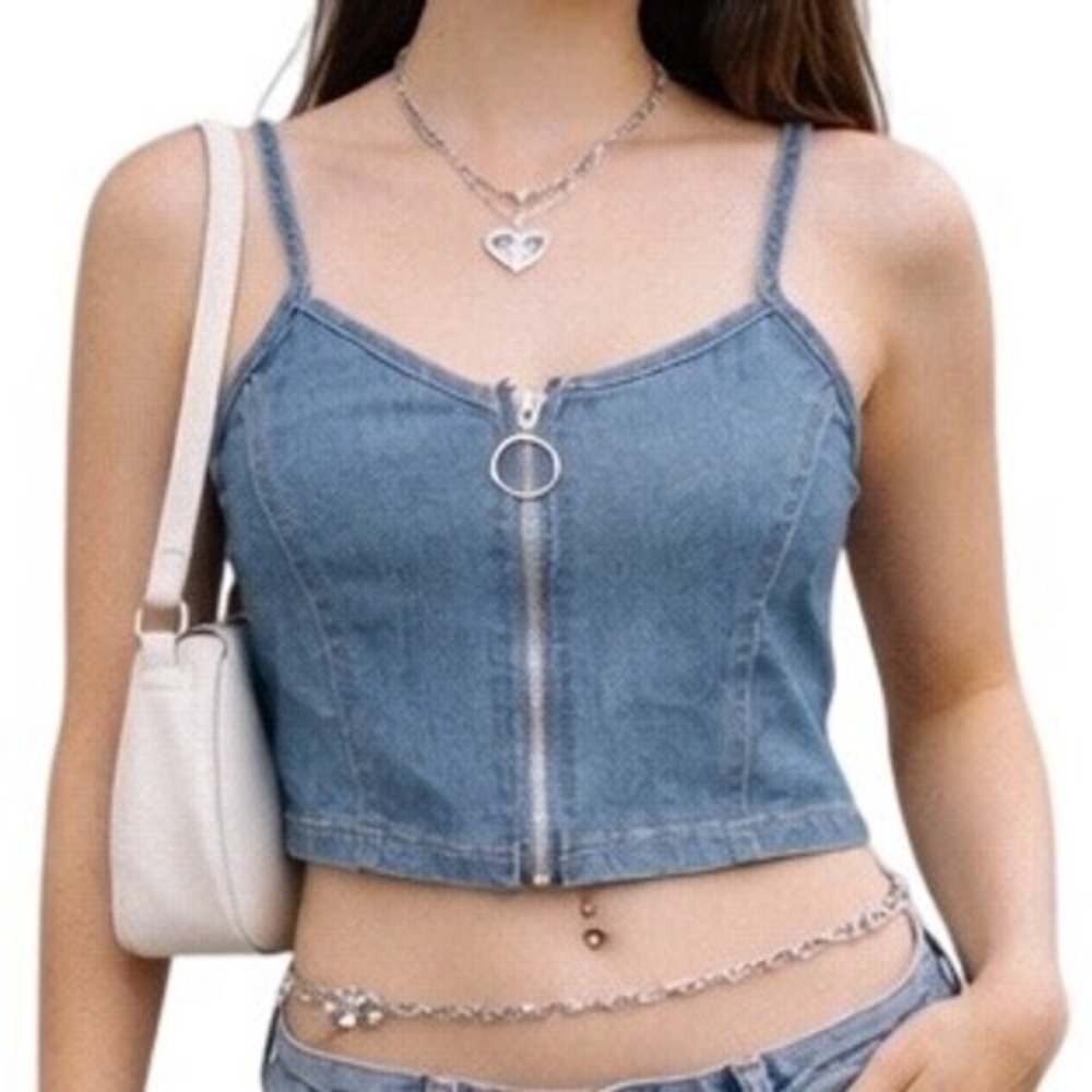 Love By Chesley Women's‎ Zipper Front Chic Denim Corset Crop Top Size Small NWT